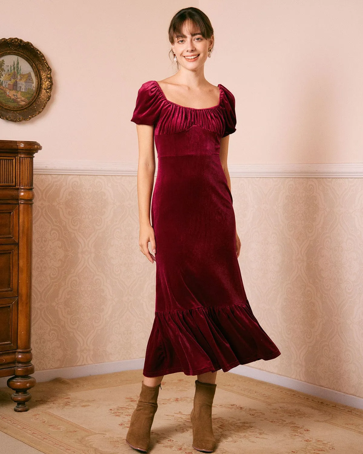 The Wine Red U Neck Ruched Velvet Maxi Dress sold by rihoas