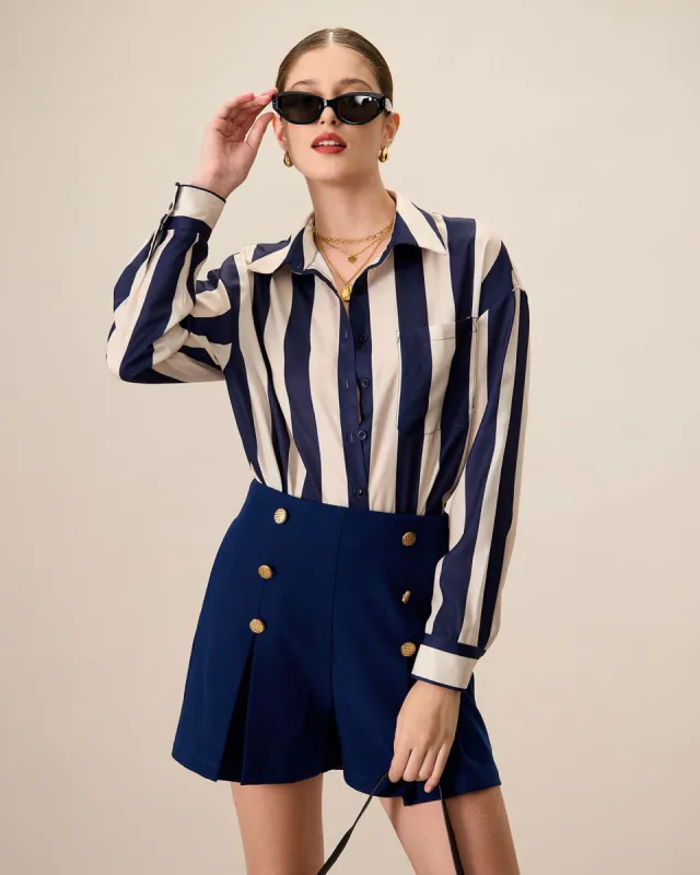 Women's Navy Lapel Long-Sleeve Striped Shirt sold by rihoas