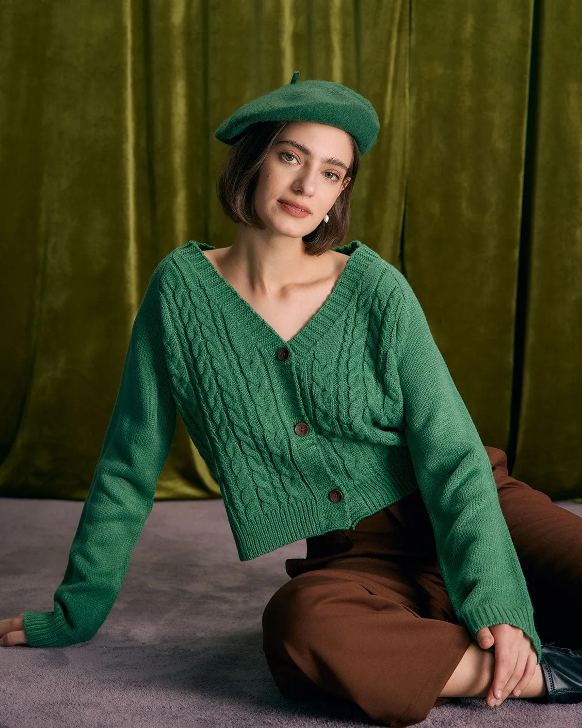 The Green V Neck Ribbed Cable Cardigan sold by rihoas product image thumbnail 4