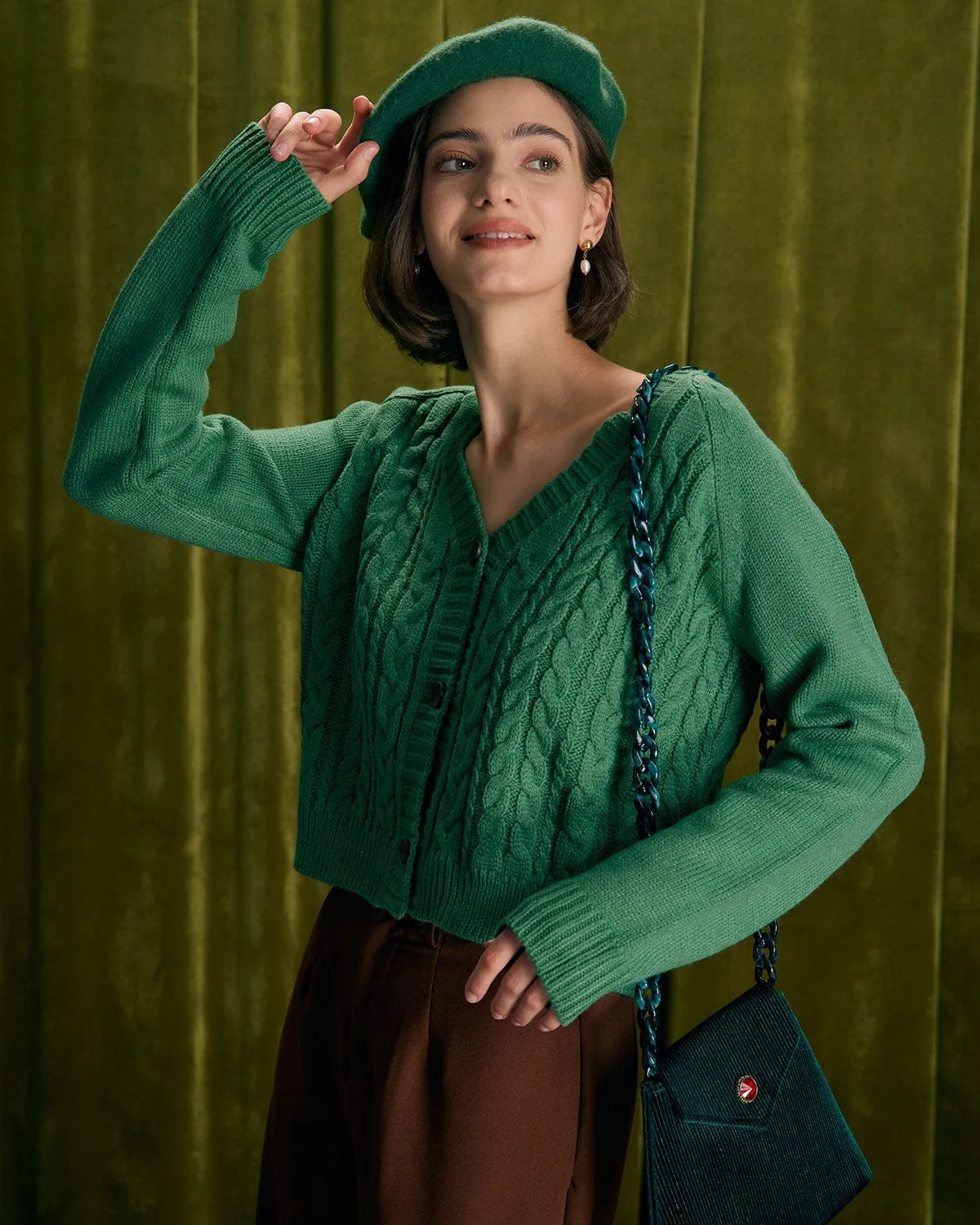 The Green V Neck Ribbed Cable Cardigan sold by rihoas product image thumbnail 3