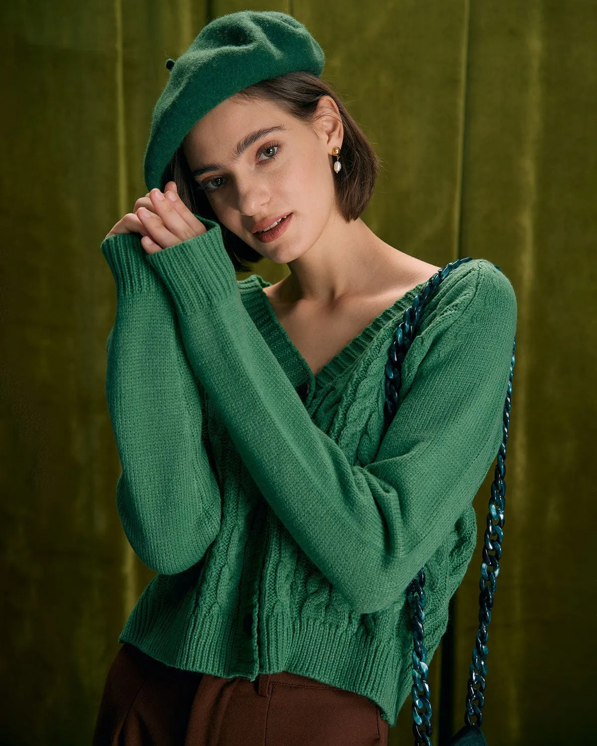The Green V Neck Ribbed Cable Cardigan sold by rihoas product image thumbnail 2