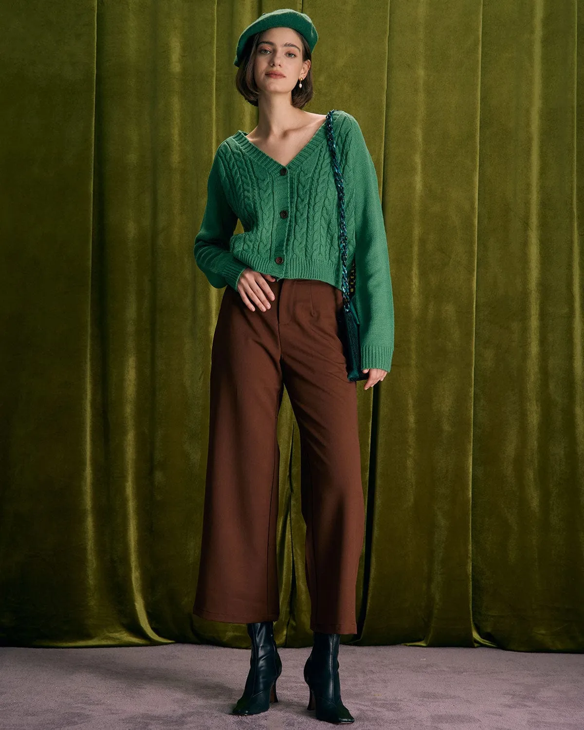 The Green V Neck Ribbed Cable Cardigan sold by rihoas product image thumbnail 5