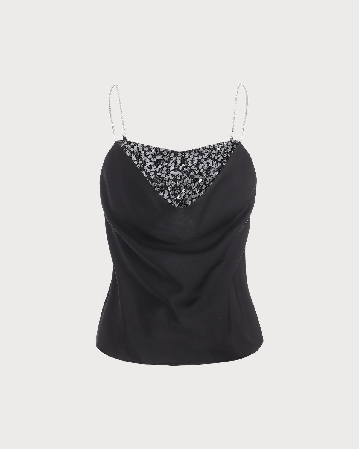 The Black Cowl Neck Sequin Satin Cami Top sold by rihoas
