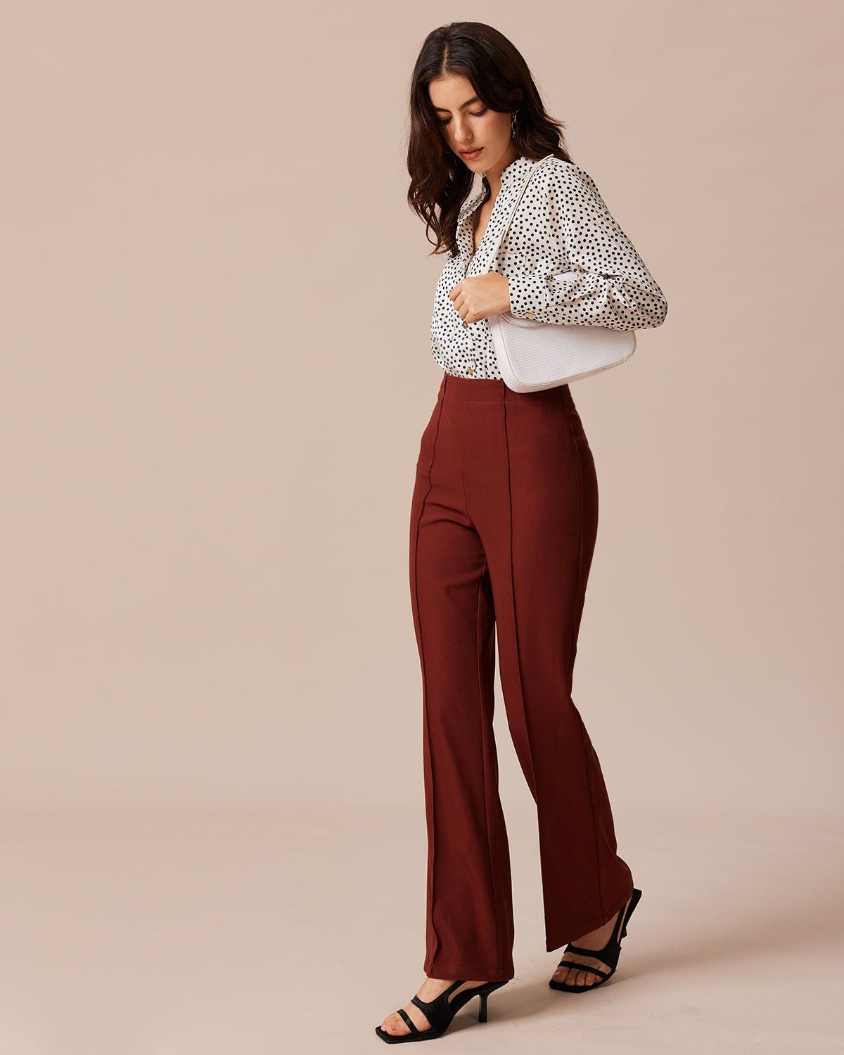 The Brick Red High Waisted Pleated Flare Pants sold by rihoas product image thumbnail 3