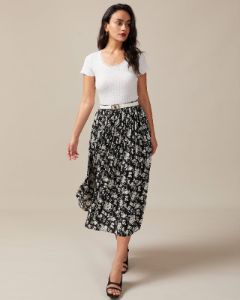 The Elastic Waist Floral Pleated Midi Skirt sold by rihoas