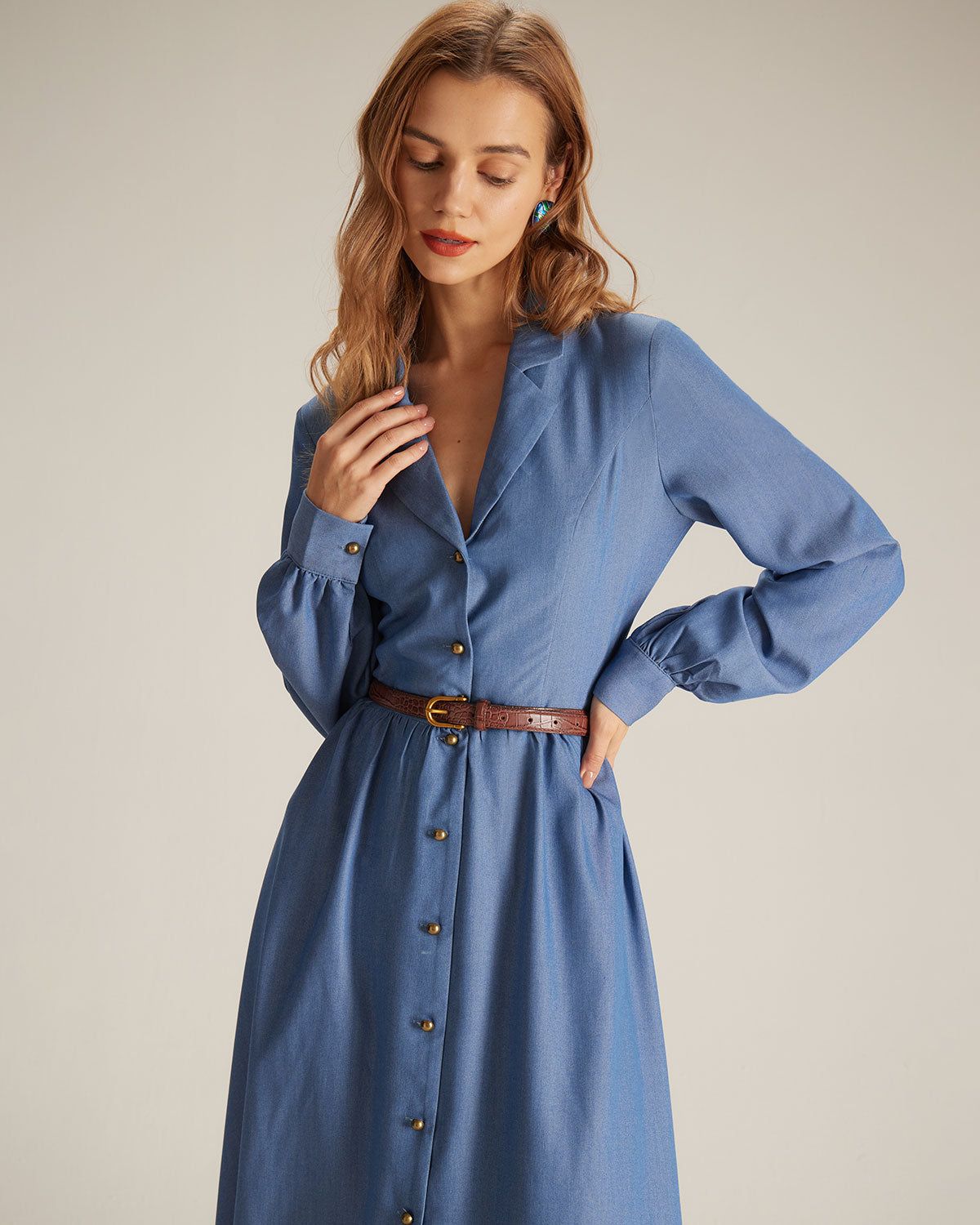The Blue Lapel Single Breasted Midi Dress sold by rihoas product image thumbnail 2