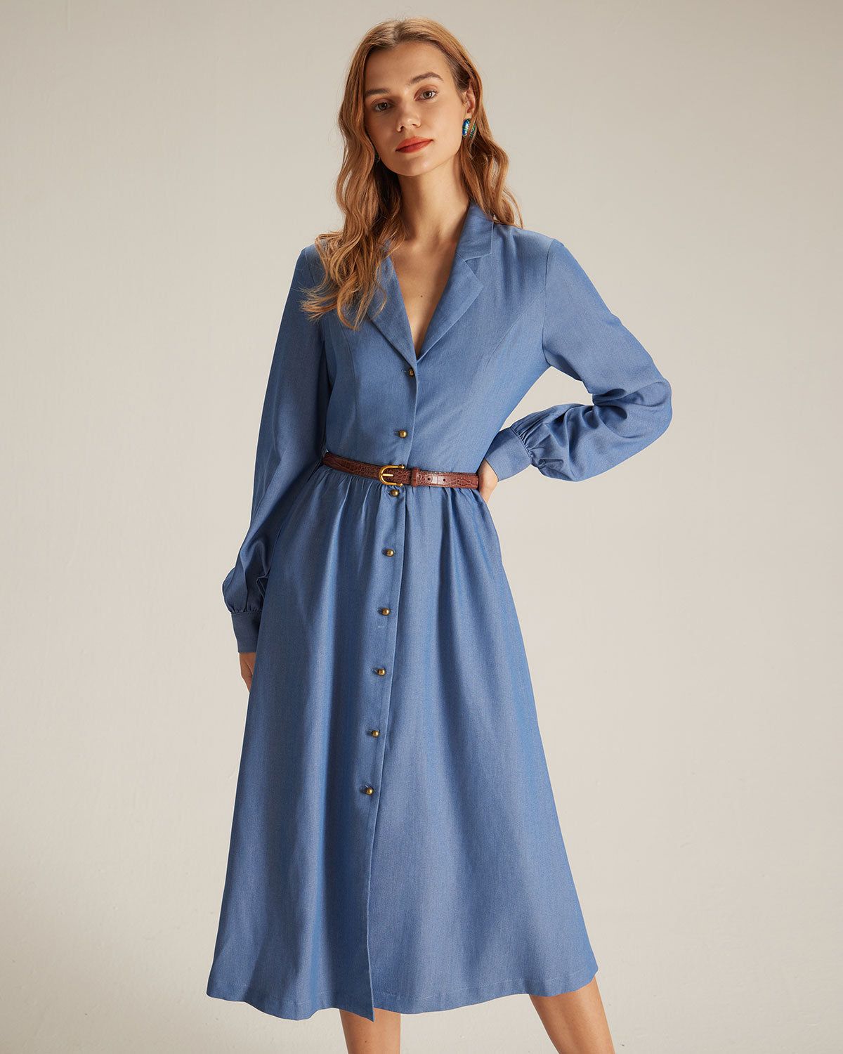 The Blue Lapel Single Breasted Midi Dress sold by rihoas