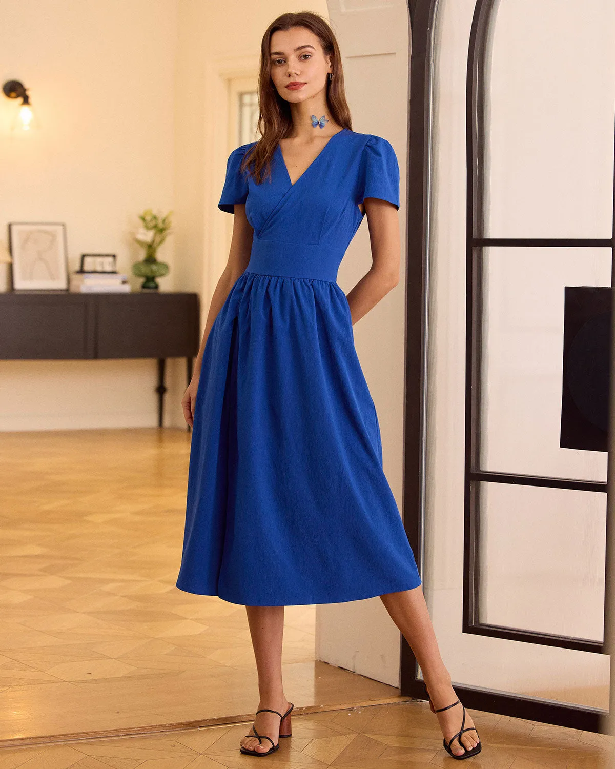 The Navy V Neck Wrap Midi Dress sold by rihoas product image thumbnail 3