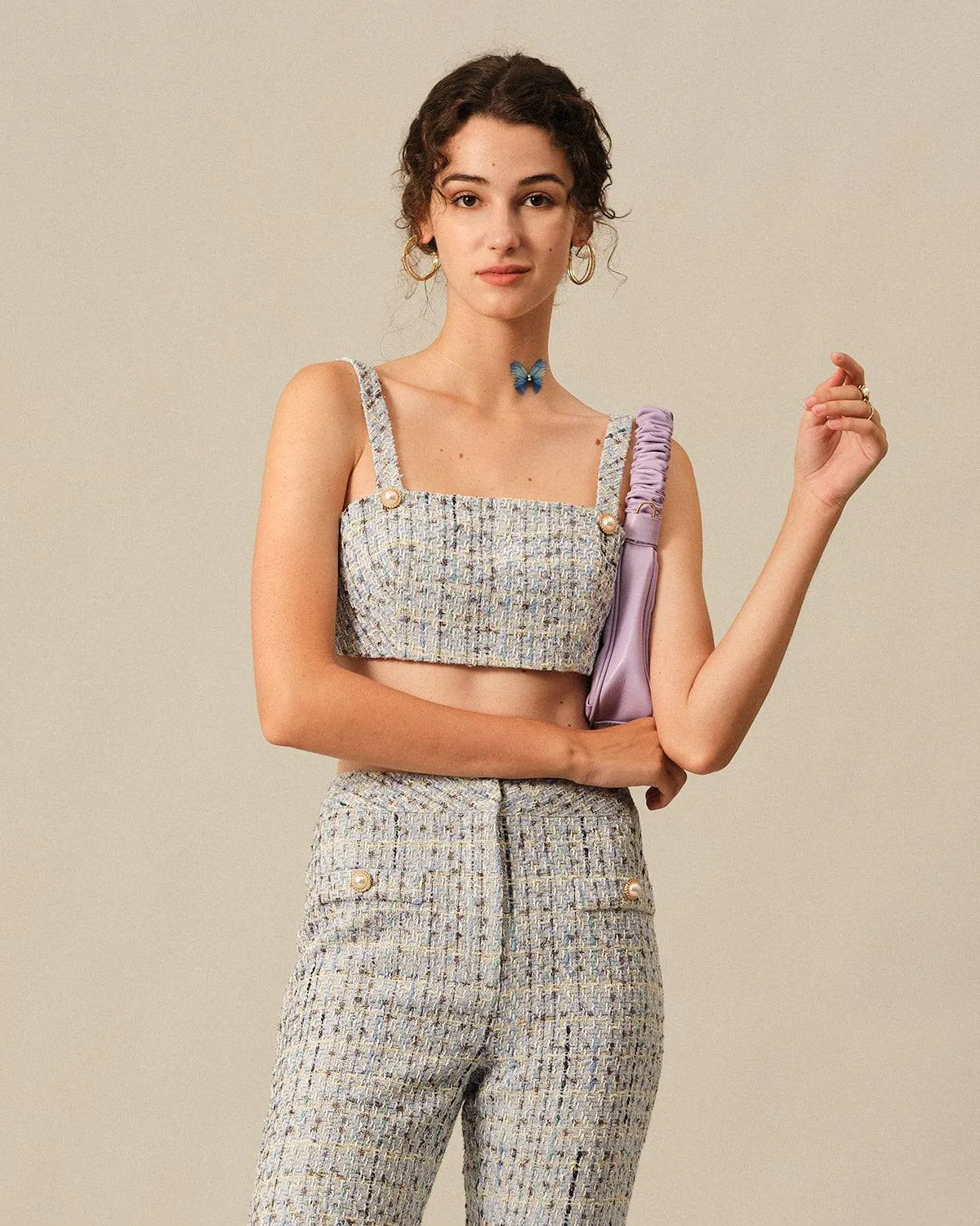 The Plaid Tweed Crop Tank Top sold by rihoas