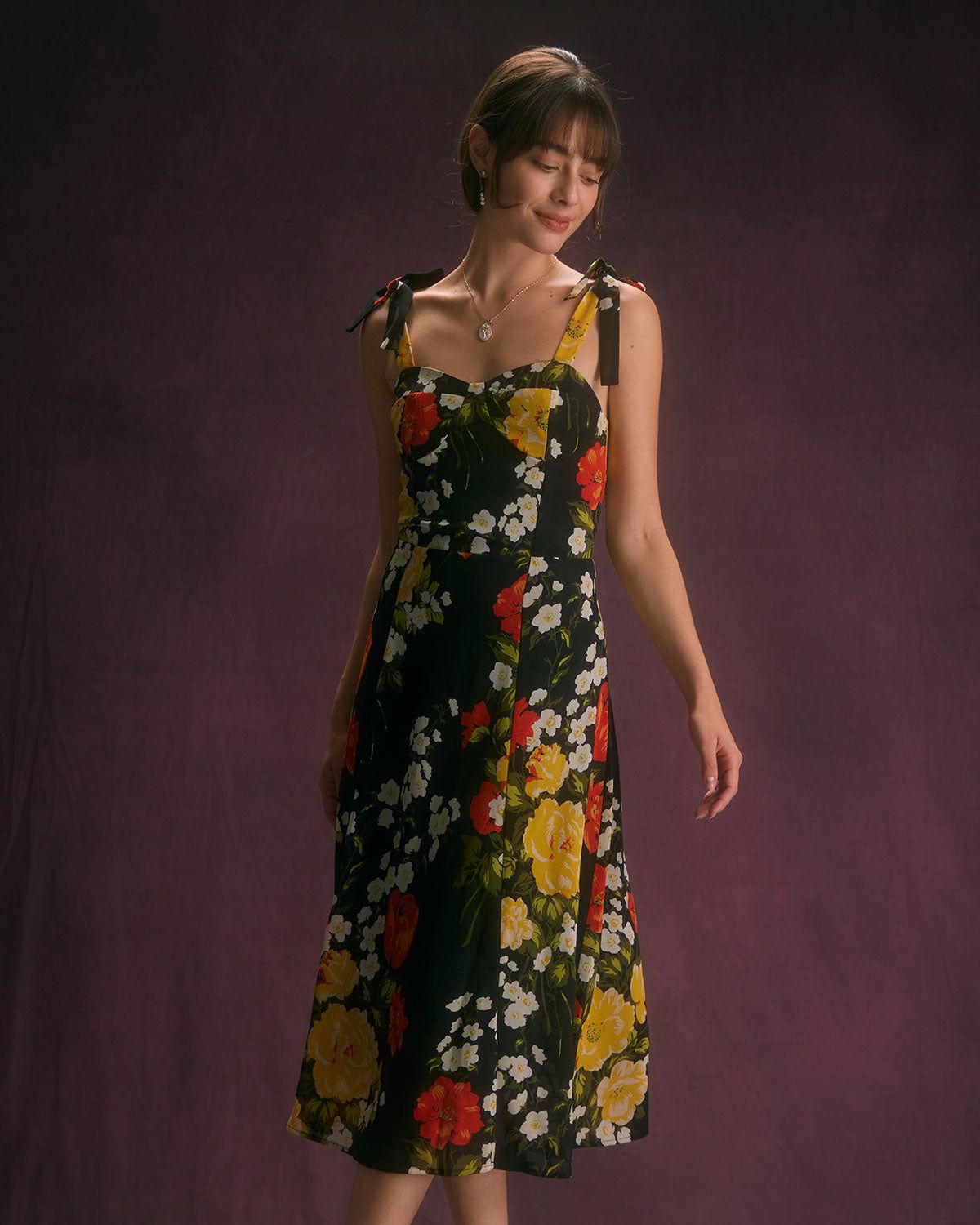 The Black Floral Ruffle Tie Shoulder Midi Dress sold by rihoas product image thumbnail 4