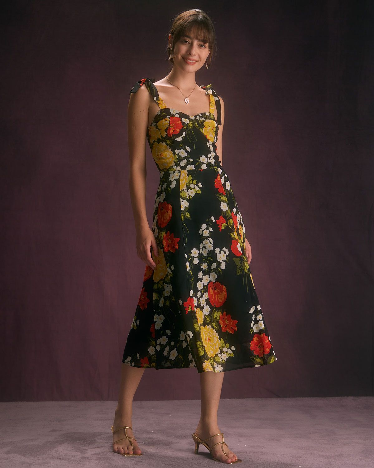 The Black Floral Ruffle Tie Shoulder Midi Dress sold by rihoas product image thumbnail 3