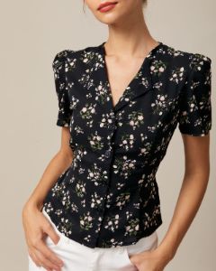 The Black V Neck Floral Tie Back Shirt sold by rihoas