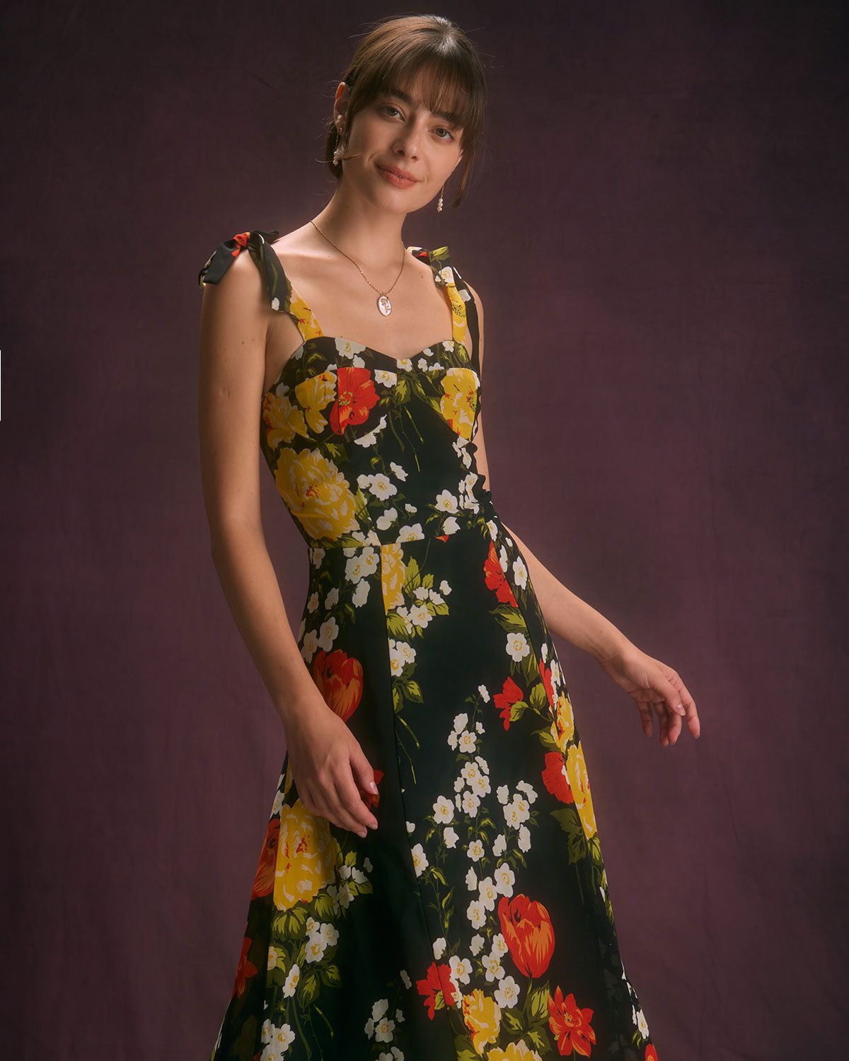 The Black Floral Ruffle Tie Shoulder Midi Dress sold by rihoas product image thumbnail 5