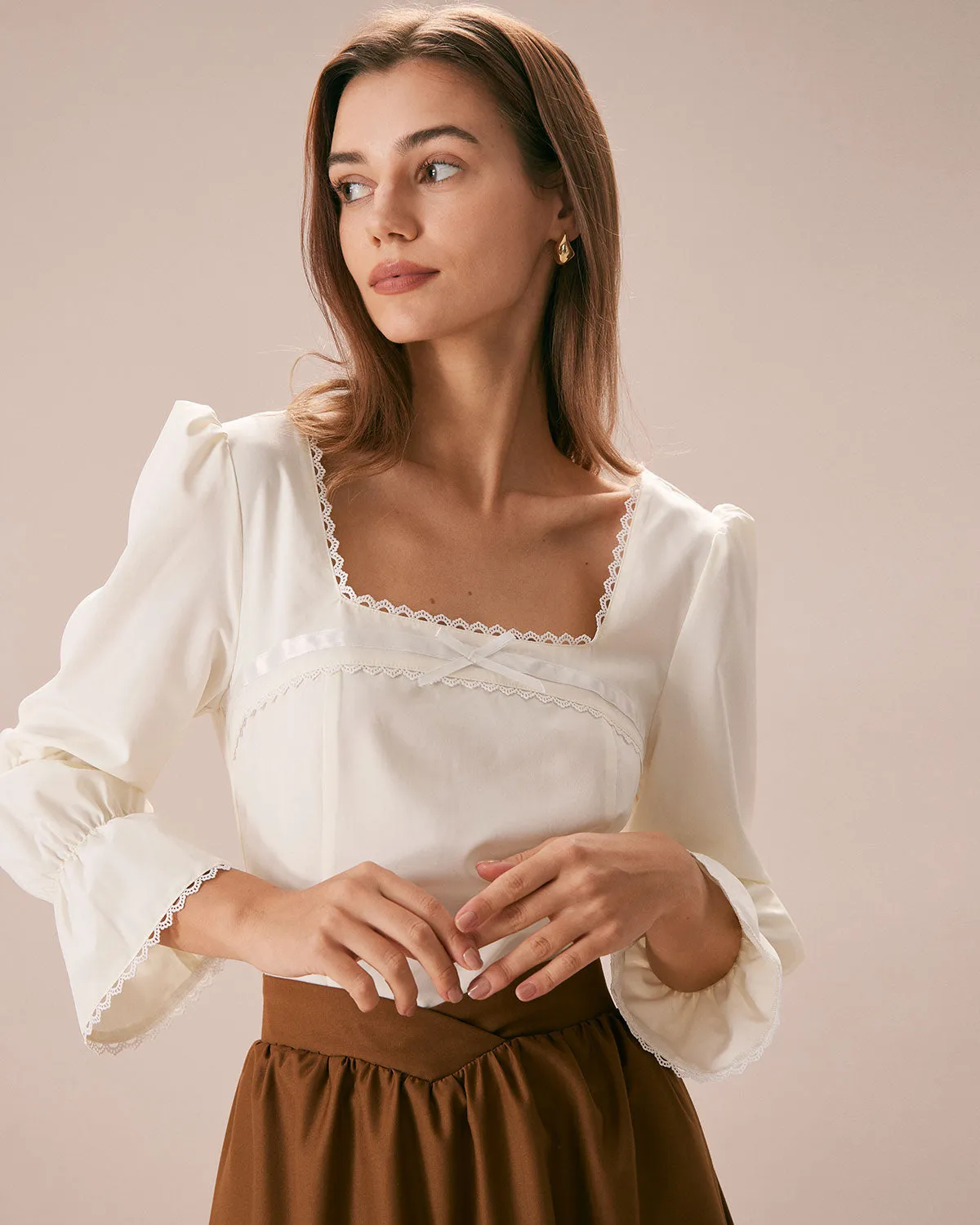 The Apricot Square Neck Lace Trim Blouse sold by rihoas product image thumbnail 5