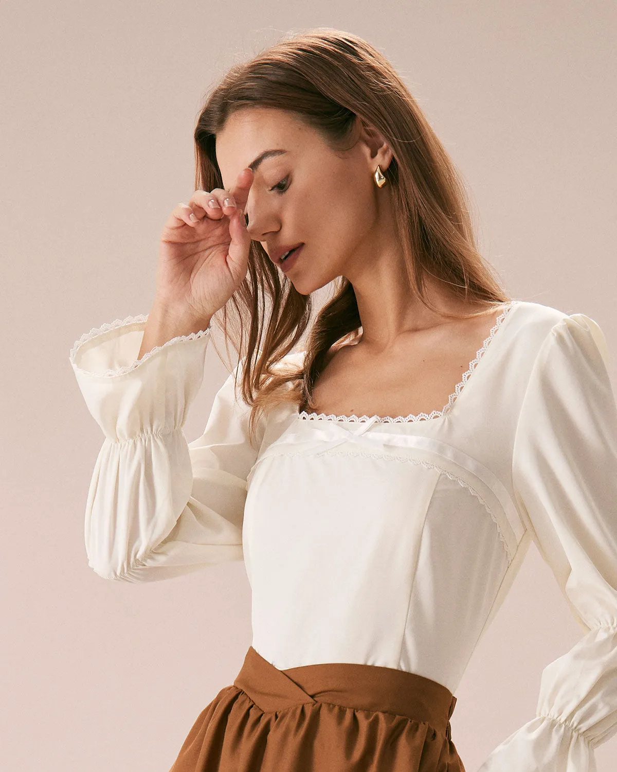 The Apricot Square Neck Lace Trim Blouse sold by rihoas product image thumbnail 3