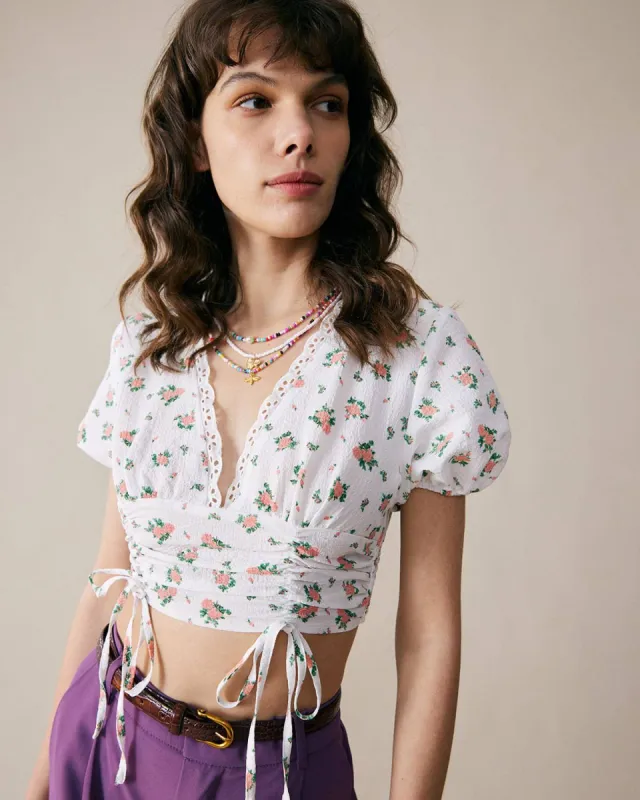 The Rose Print Drawstring Crop Blouse made by rihoas