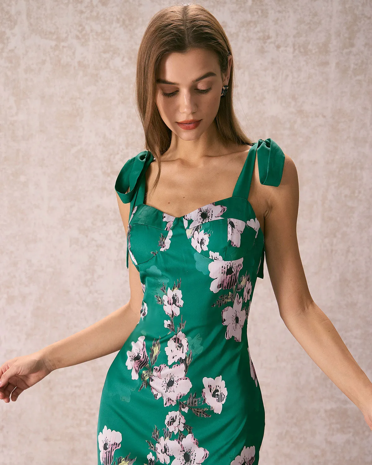The Green Floral Satin Tie Strap Midi Dress sold by rihoas product image thumbnail 2