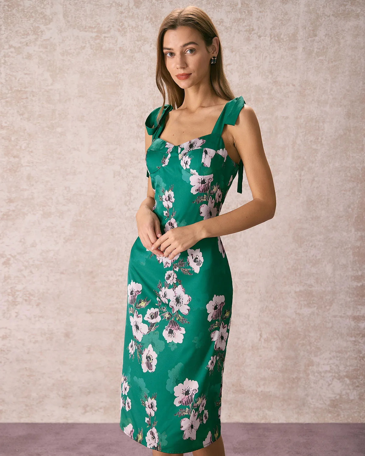 The Green Floral Satin Tie Strap Midi Dress sold by rihoas