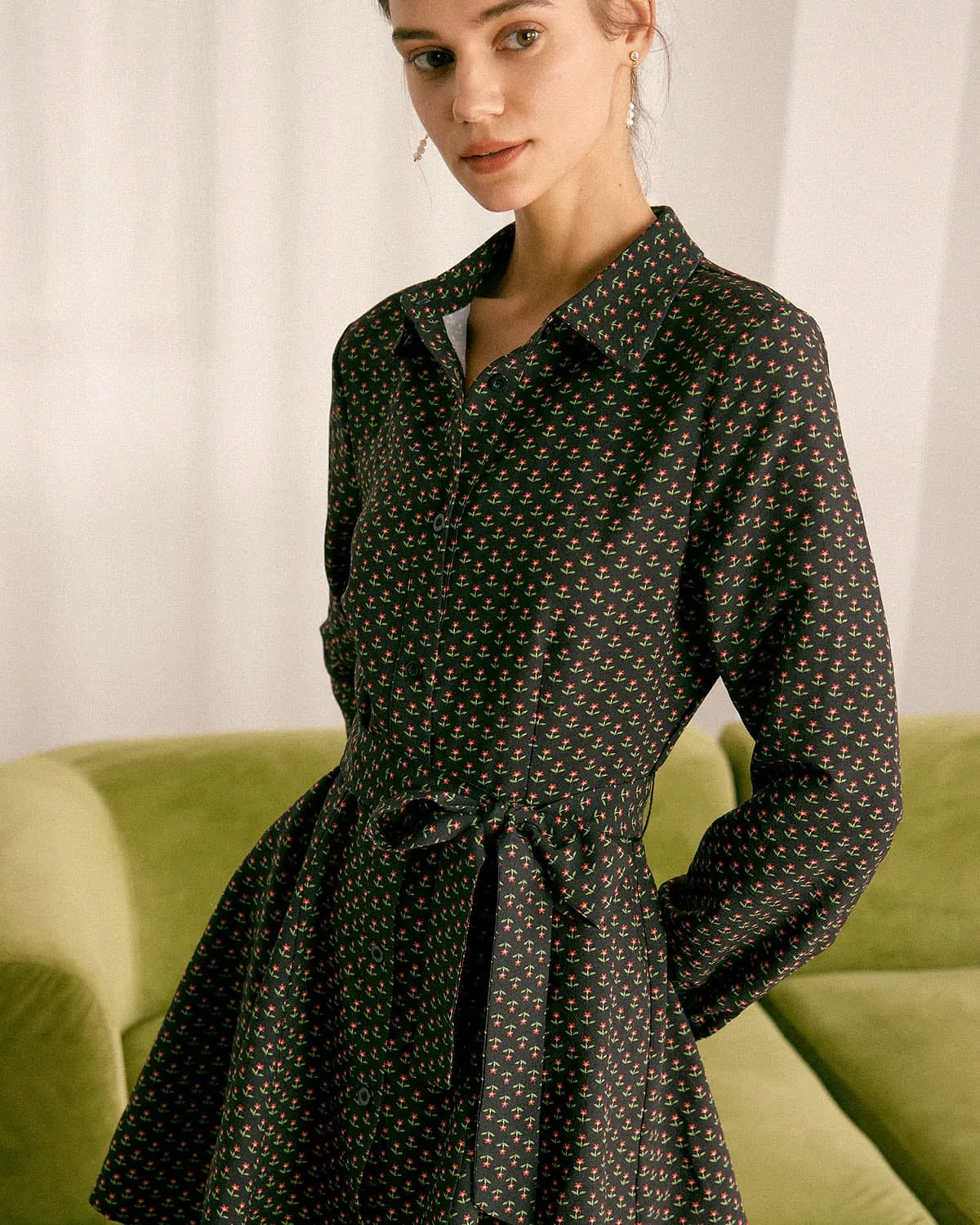 The Black Floral Belted A-Line Shirt Mini Dress sold by rihoas product image thumbnail 4