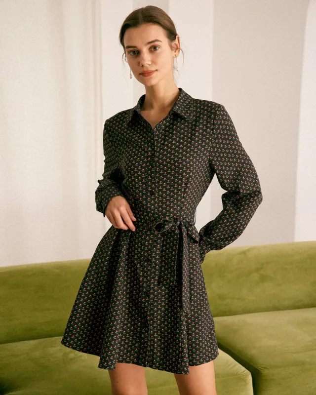 The Black Floral Belted A-Line Shirt Mini Dress sold by rihoas
