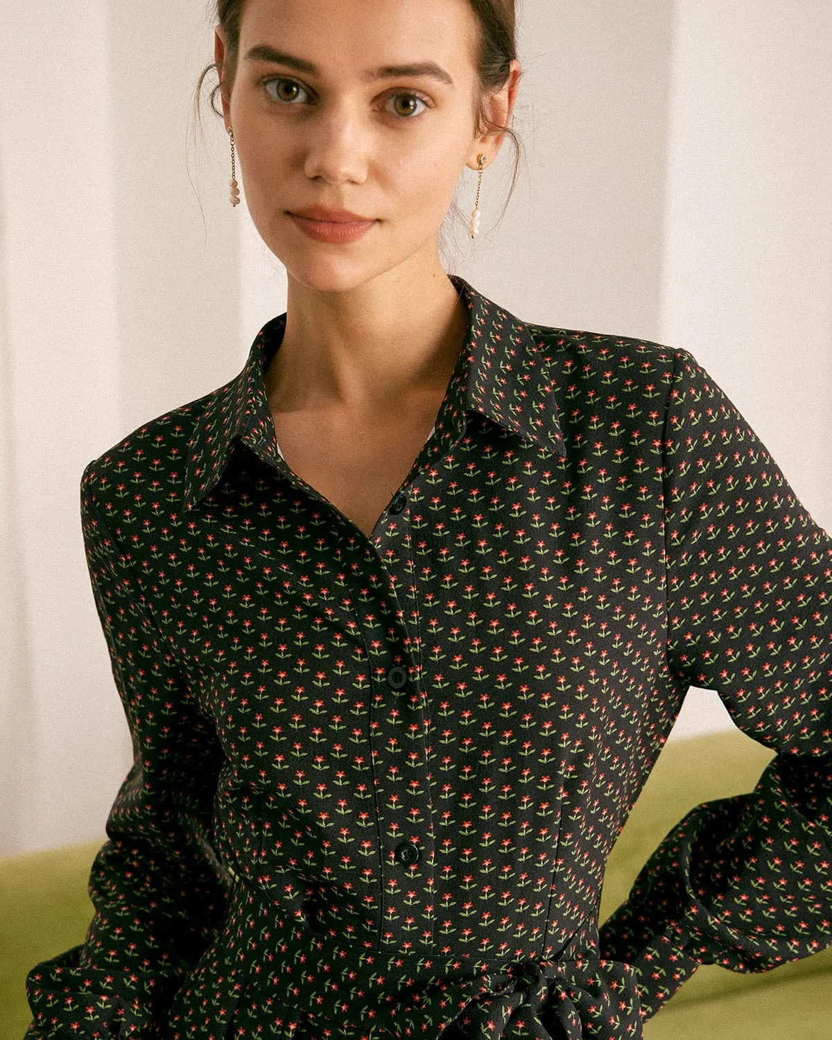 The Black Floral Belted A-Line Shirt Mini Dress sold by rihoas product image thumbnail 3