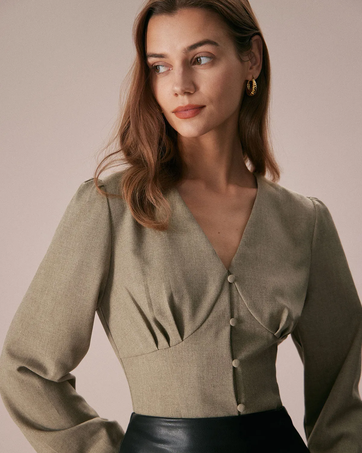 The Green V Neck Pleated Button Up Blouse sold by rihoas product image thumbnail 4