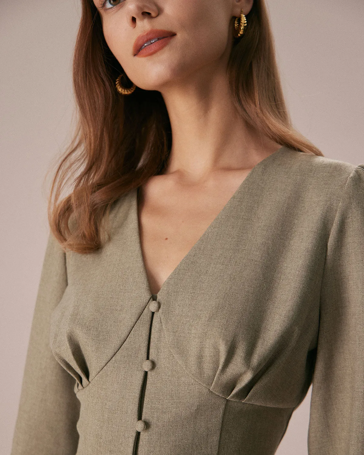 The Green V Neck Pleated Button Up Blouse sold by rihoas product image thumbnail 5