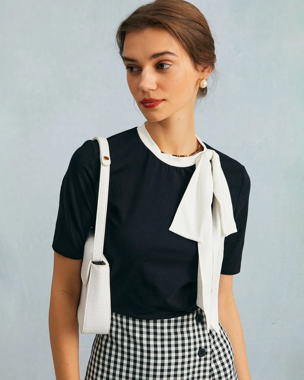 The Black Round Neck Colorblock Bowknot Top sold by rihoas product image thumbnail 3