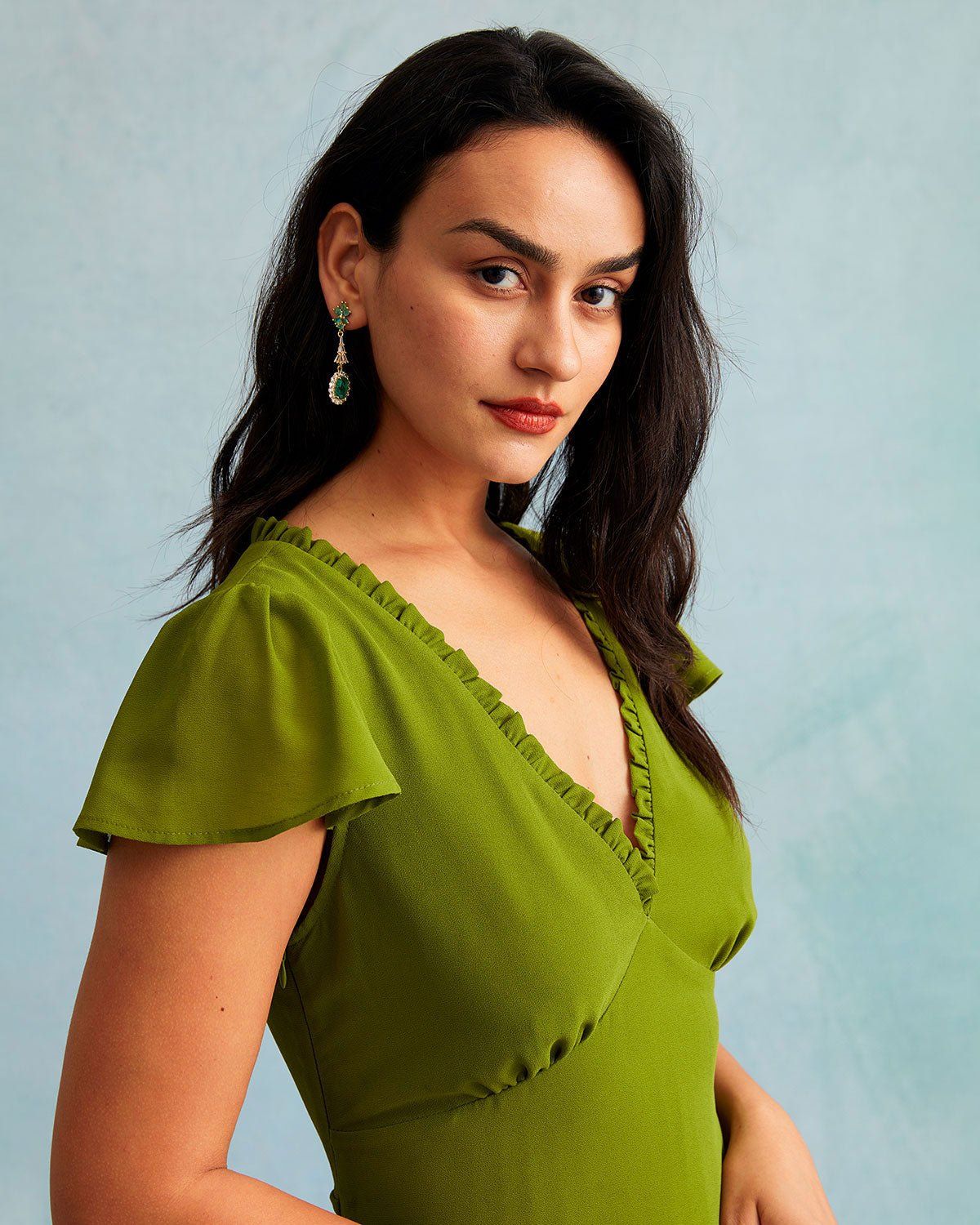 The Green Ruched Trim Poet Sleeve Midi Dress sold by rihoas product image thumbnail 3
