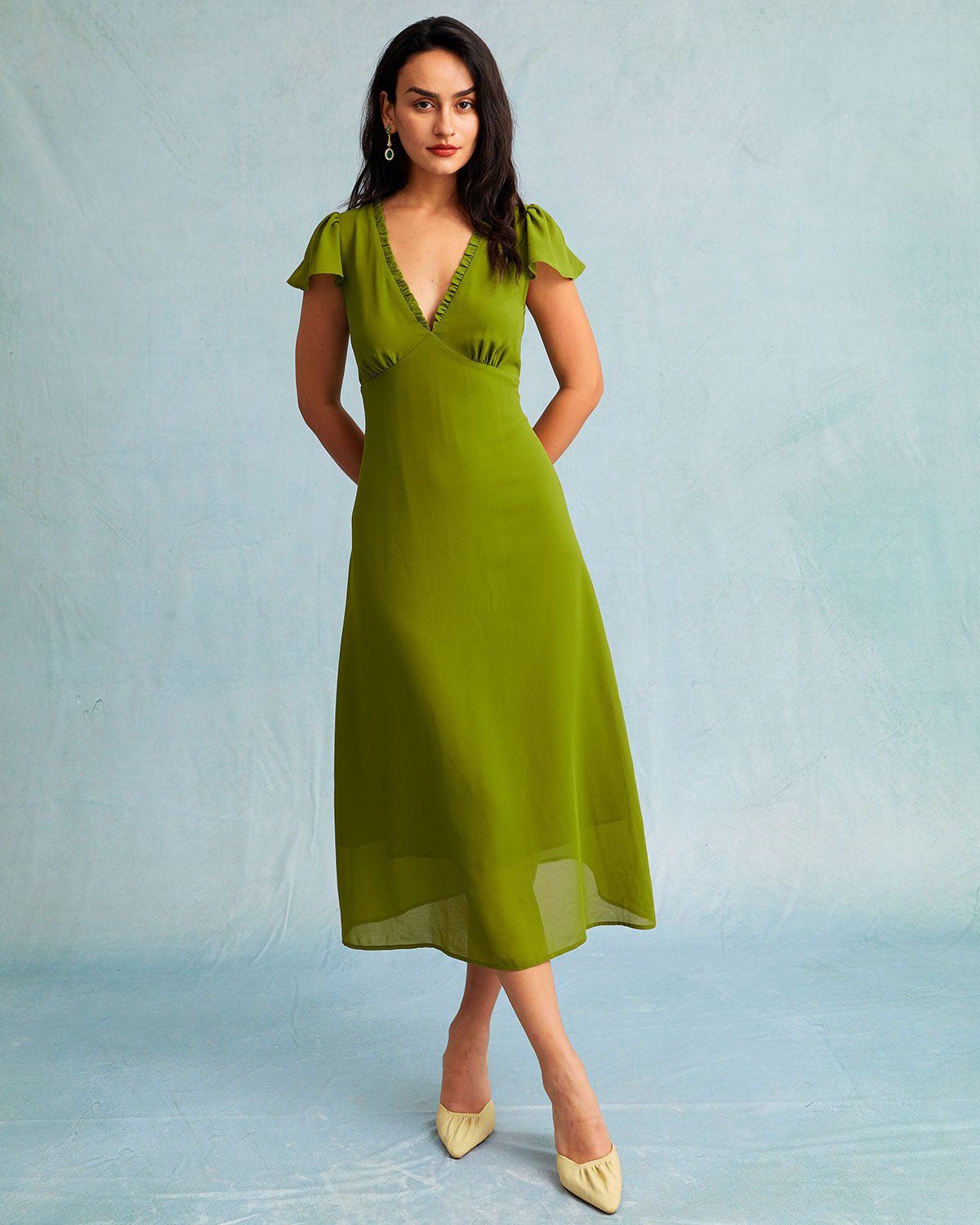 The Green Ruched Trim Poet Sleeve Midi Dress sold by rihoas product image thumbnail 4