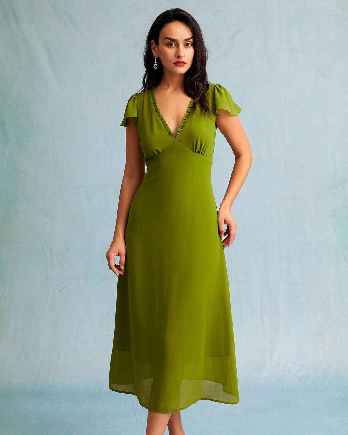 The Green Ruched Trim Poet Sleeve Midi Dress sold by rihoas