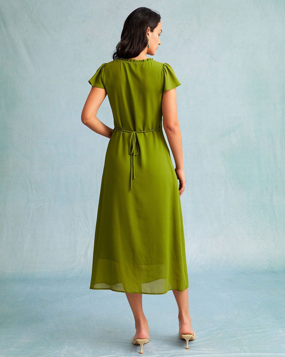 The Green Ruched Trim Poet Sleeve Midi Dress sold by rihoas product image thumbnail 5