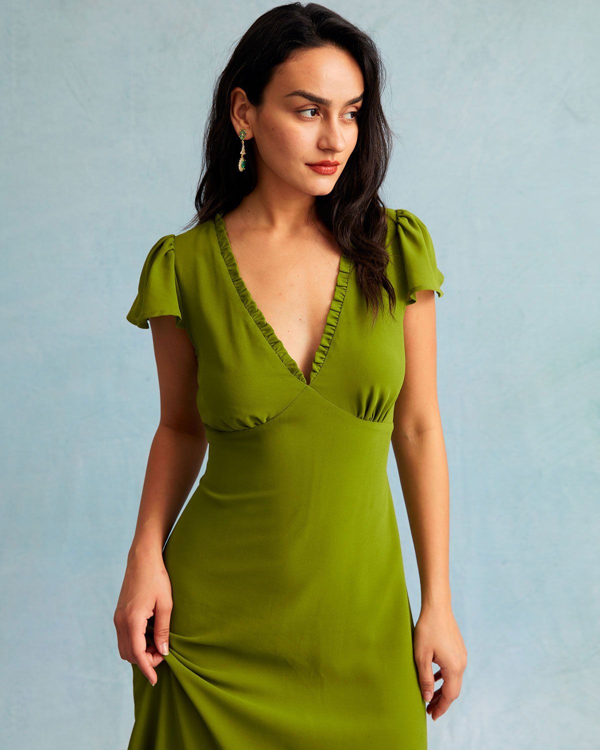 The Green Ruched Trim Poet Sleeve Midi Dress sold by rihoas product image thumbnail 2