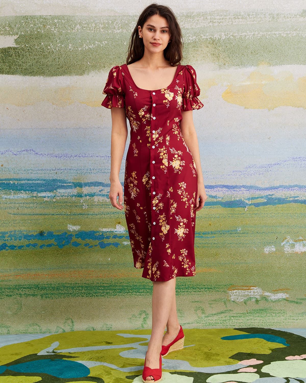 The Red U Neck Floral Puff Sleeve Midi Dress sold by rihoas product image thumbnail 2