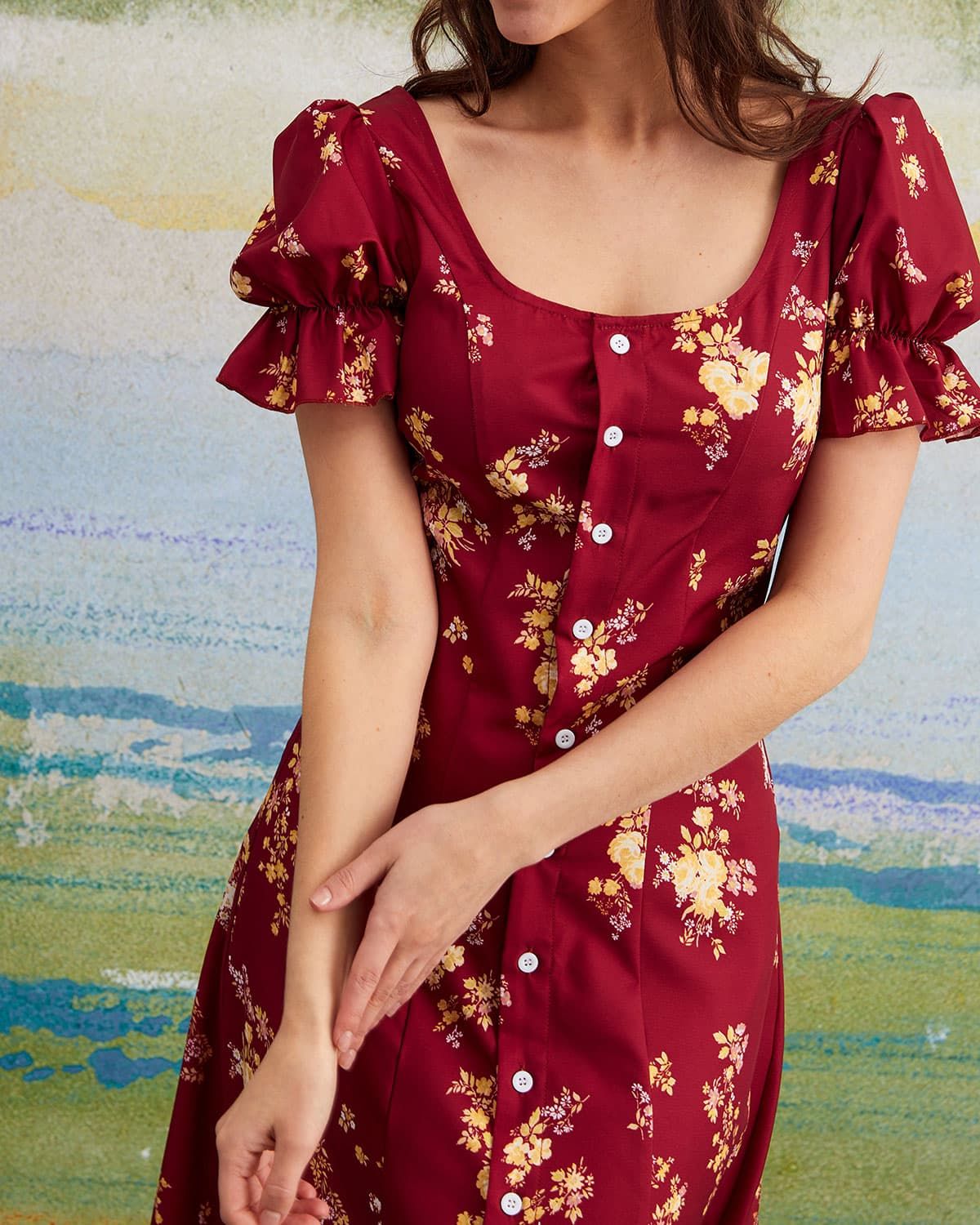 The Red U Neck Floral Puff Sleeve Midi Dress sold by rihoas product image thumbnail 5