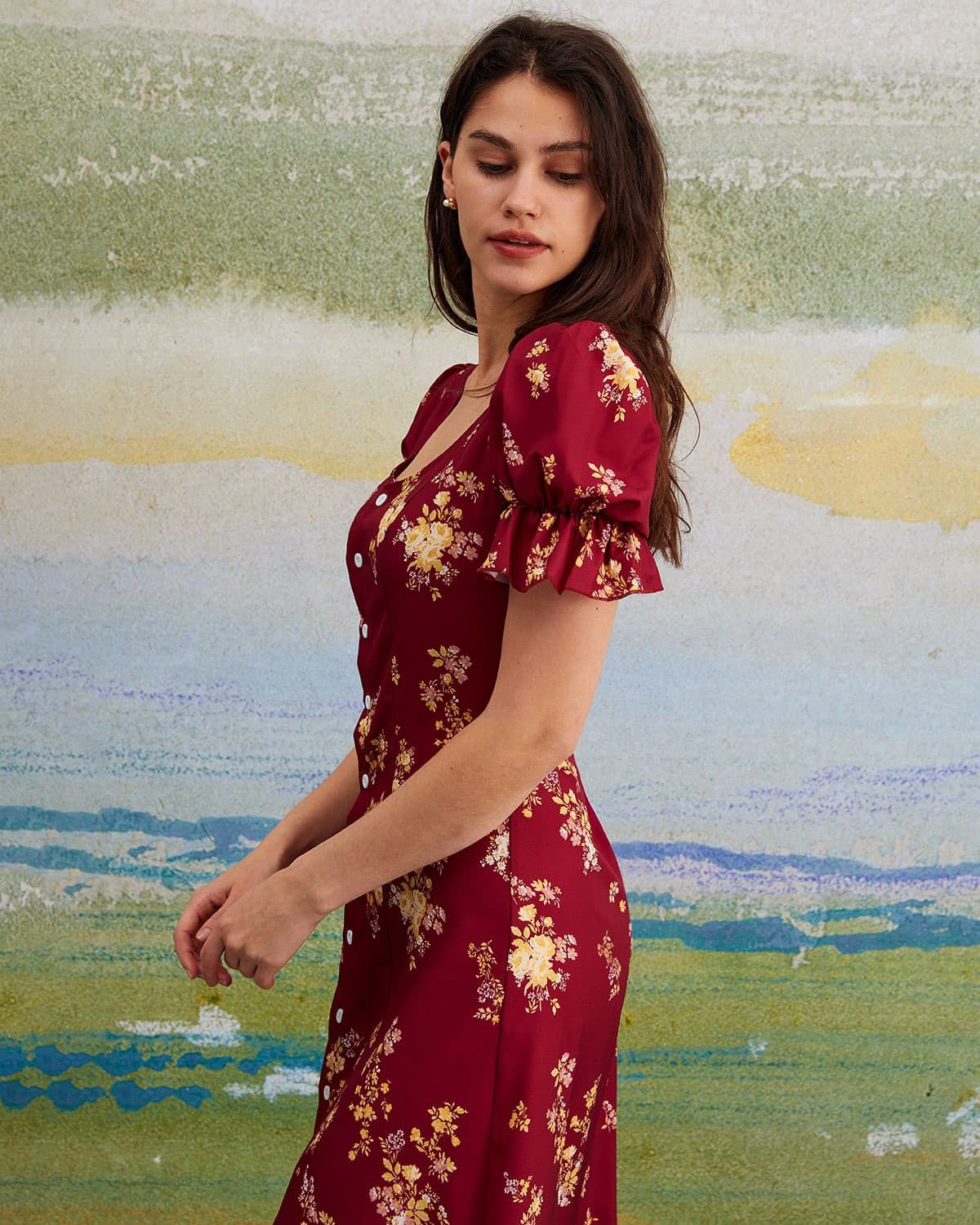 The Red U Neck Floral Puff Sleeve Midi Dress sold by rihoas product image thumbnail 4