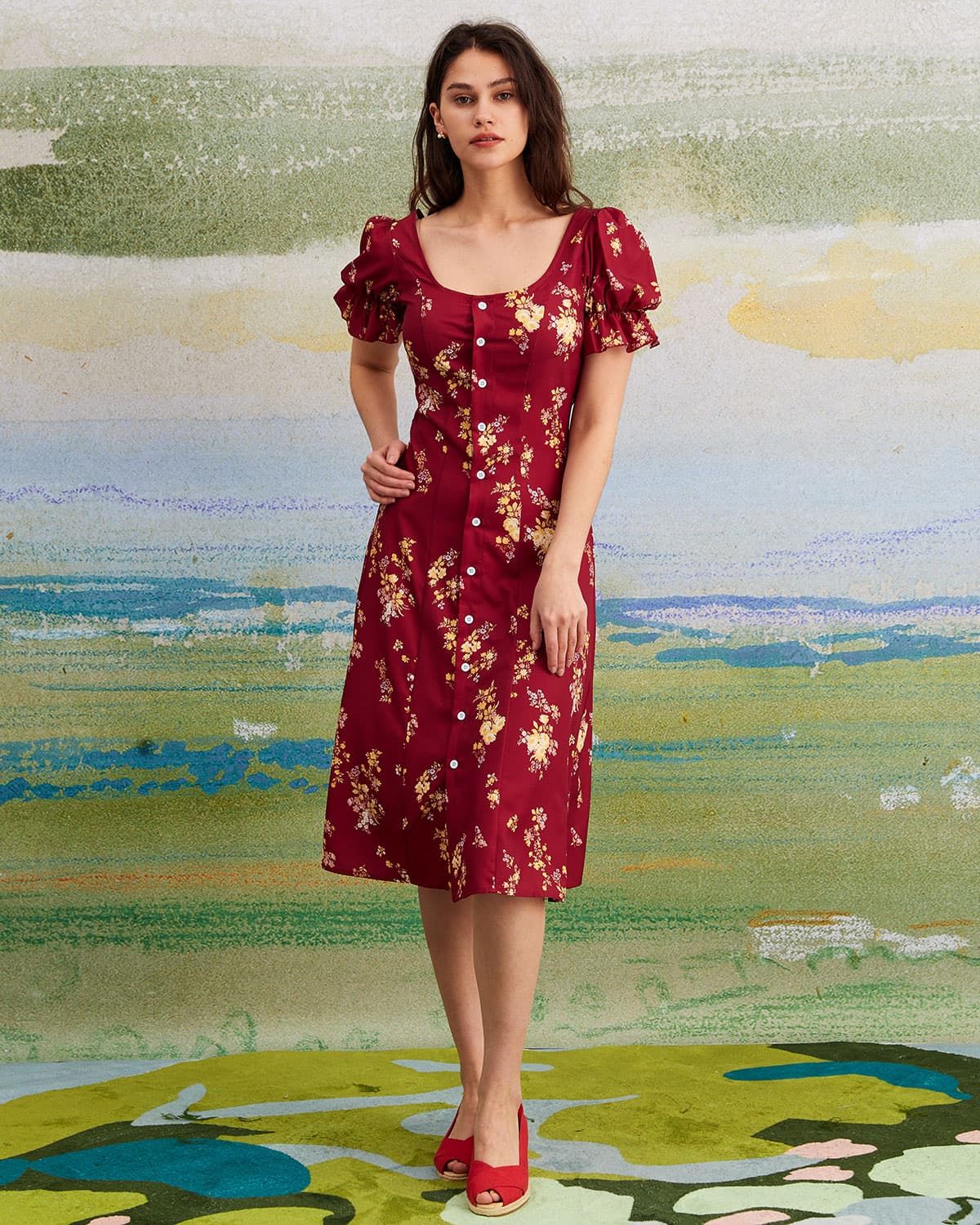 The Red U Neck Floral Puff Sleeve Midi Dress sold by rihoas product image thumbnail 3