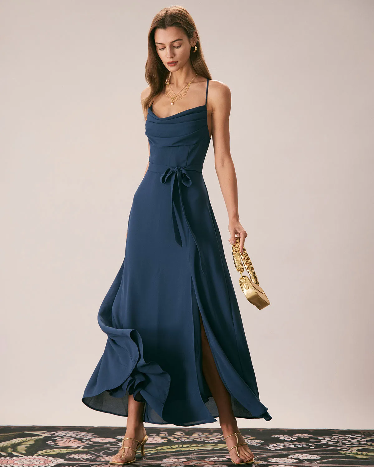 The Navy Cowl Neck Cutout Back Maxi Dress sold by rihoas product image thumbnail 4