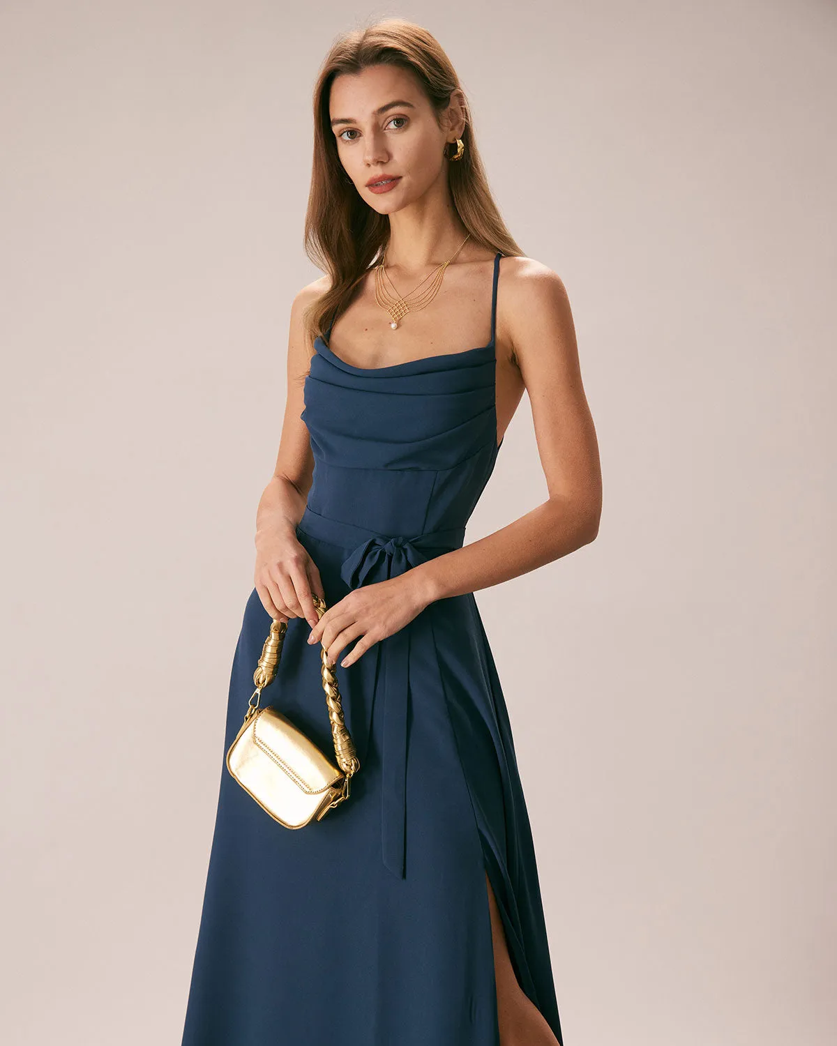 The Navy Cowl Neck Cutout Back Maxi Dress sold by rihoas product image thumbnail 2