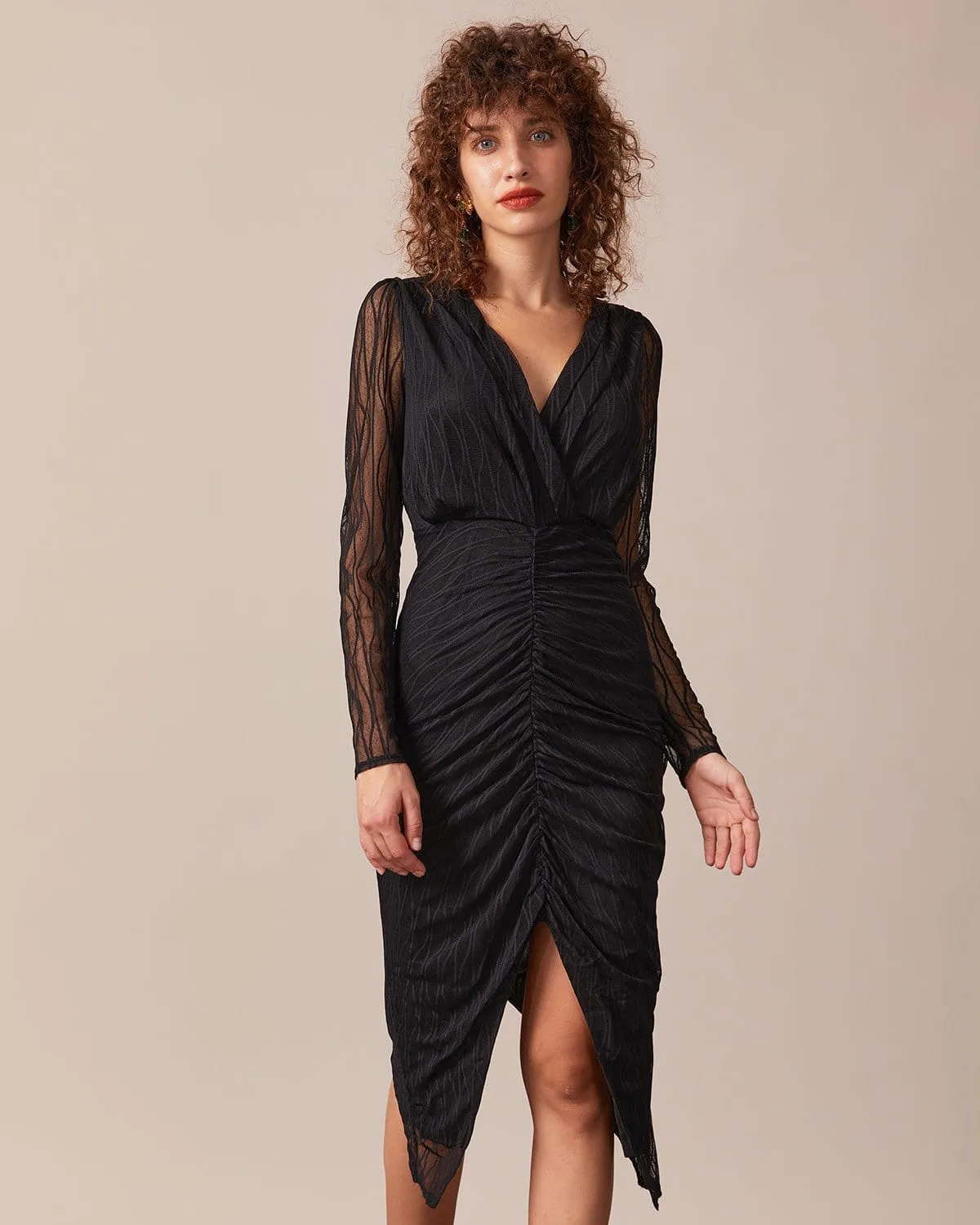 The Black V Neck Sheer Sleeve Lace Midi Dress sold by rihoas product image thumbnail 2