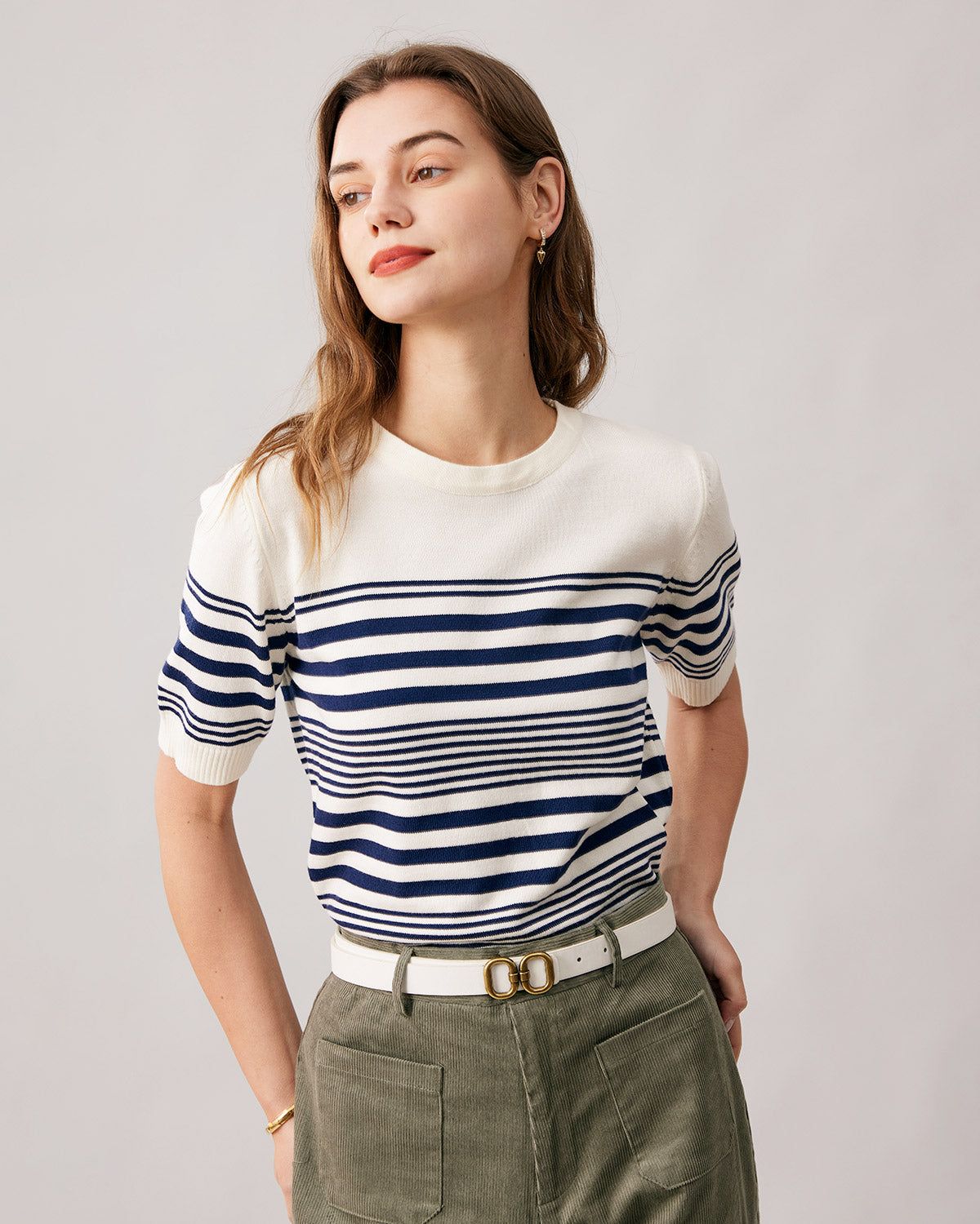 The Navy Striped Short Sleeve Sweater sold by rihoas