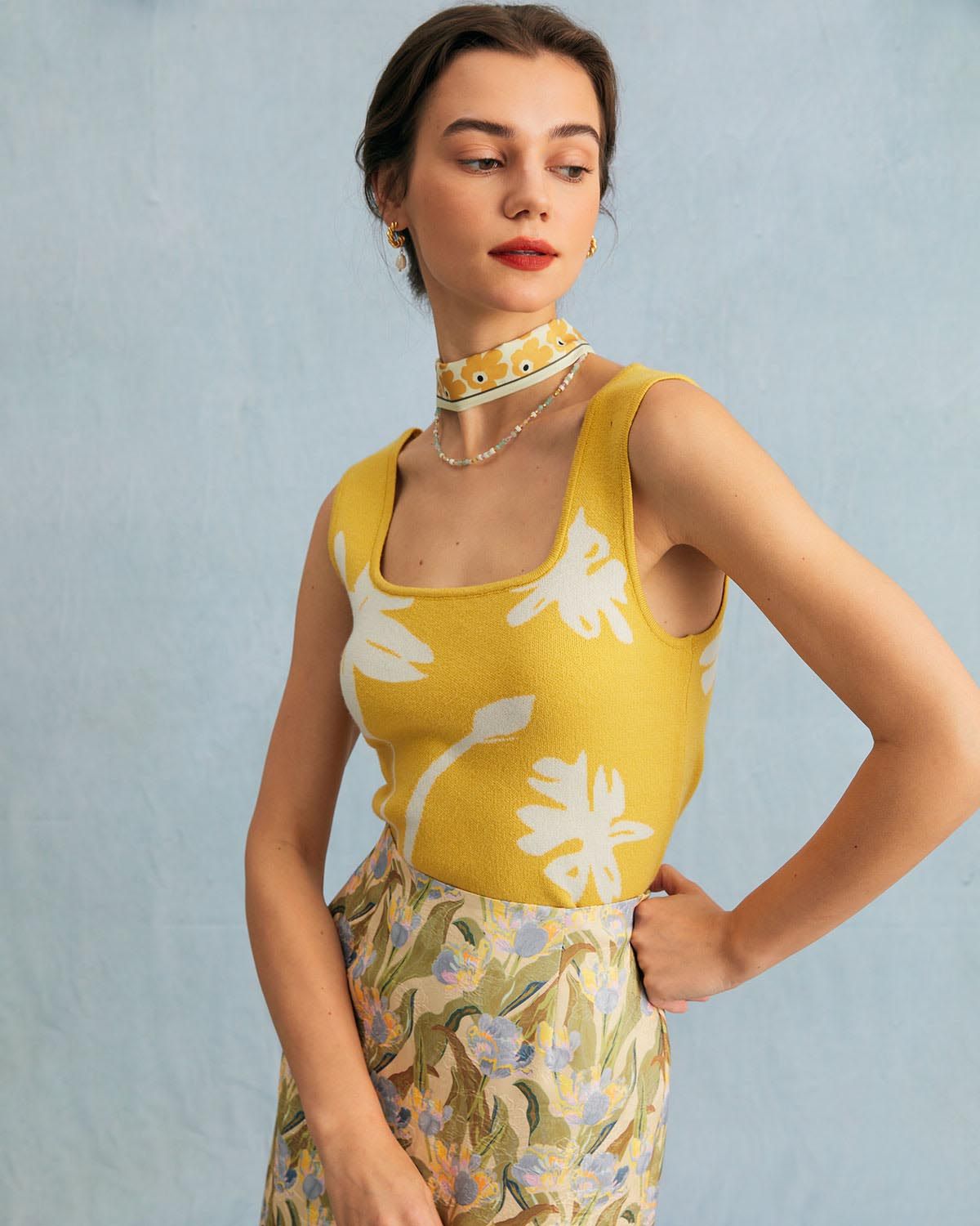 The Yellow Square Neck Floral Print Knit Tank Top sold by rihoas product image thumbnail 5