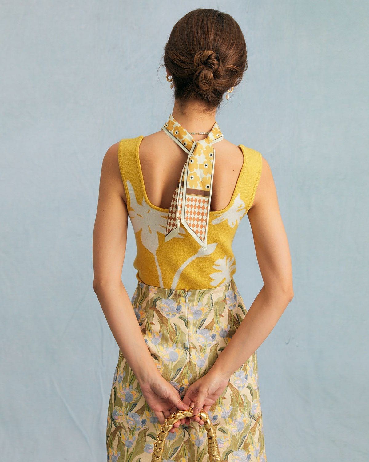 The Yellow Square Neck Floral Print Knit Tank Top sold by rihoas product image thumbnail 6