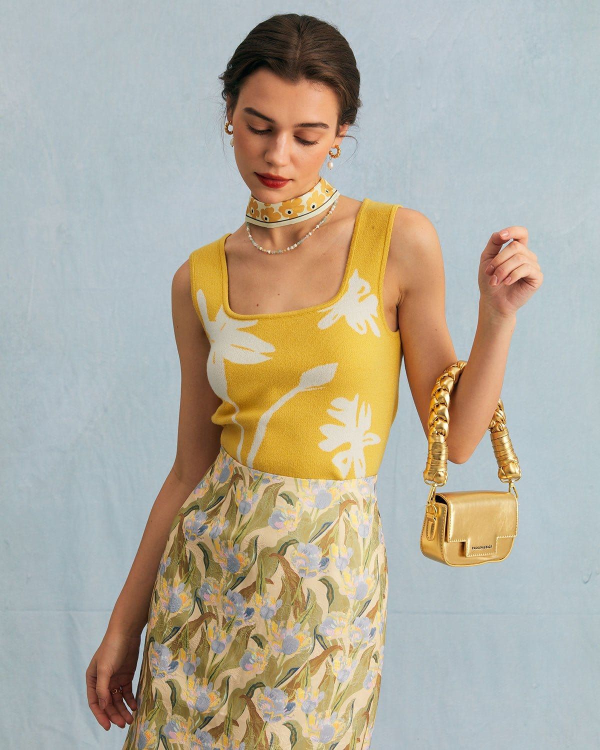 The Yellow Square Neck Floral Print Knit Tank Top sold by rihoas product image thumbnail 4