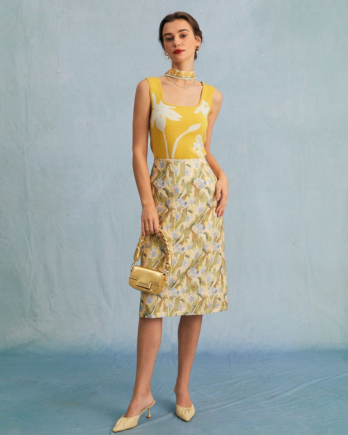 The Yellow Square Neck Floral Print Knit Tank Top sold by rihoas product image thumbnail 2