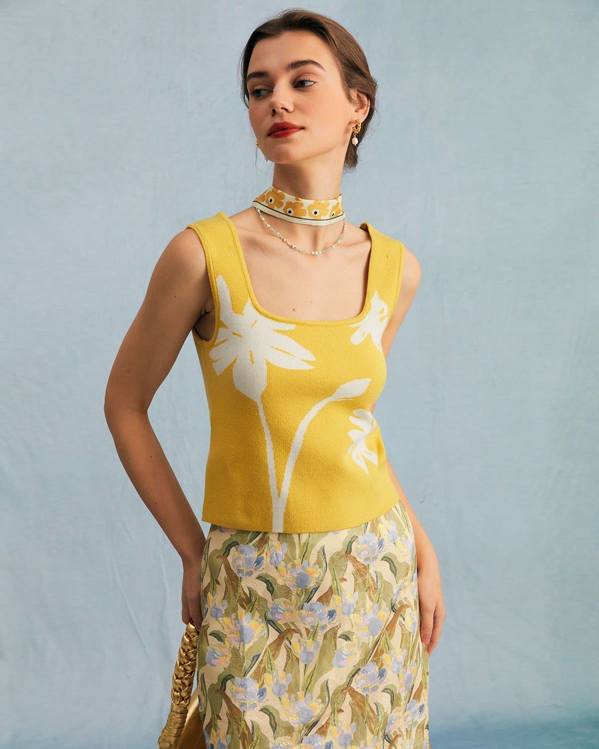 The Yellow Square Neck Floral Print Knit Tank Top sold by rihoas
