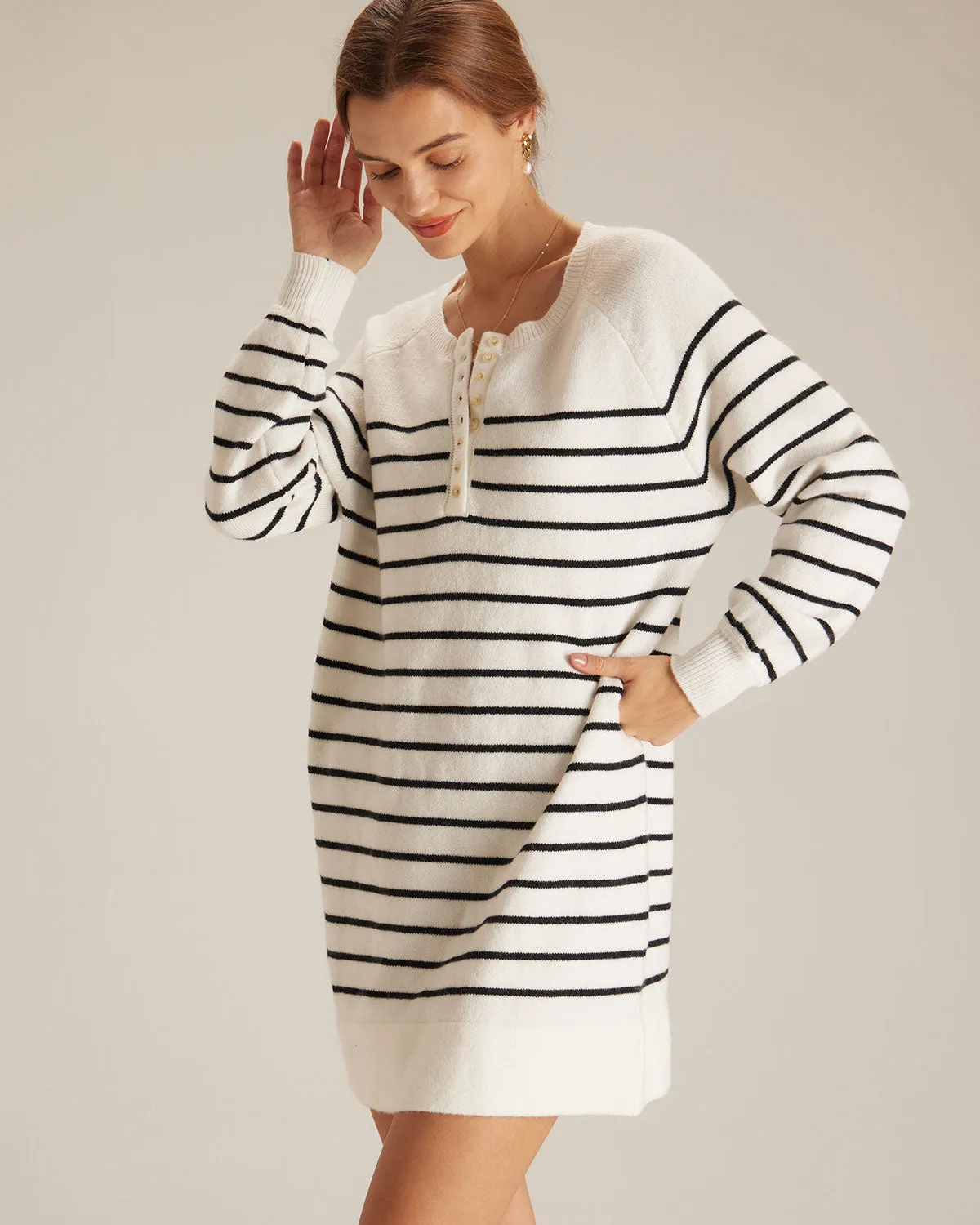 The White Round Neck Striped Knit Mini Dress sold by rihoas product image thumbnail 2