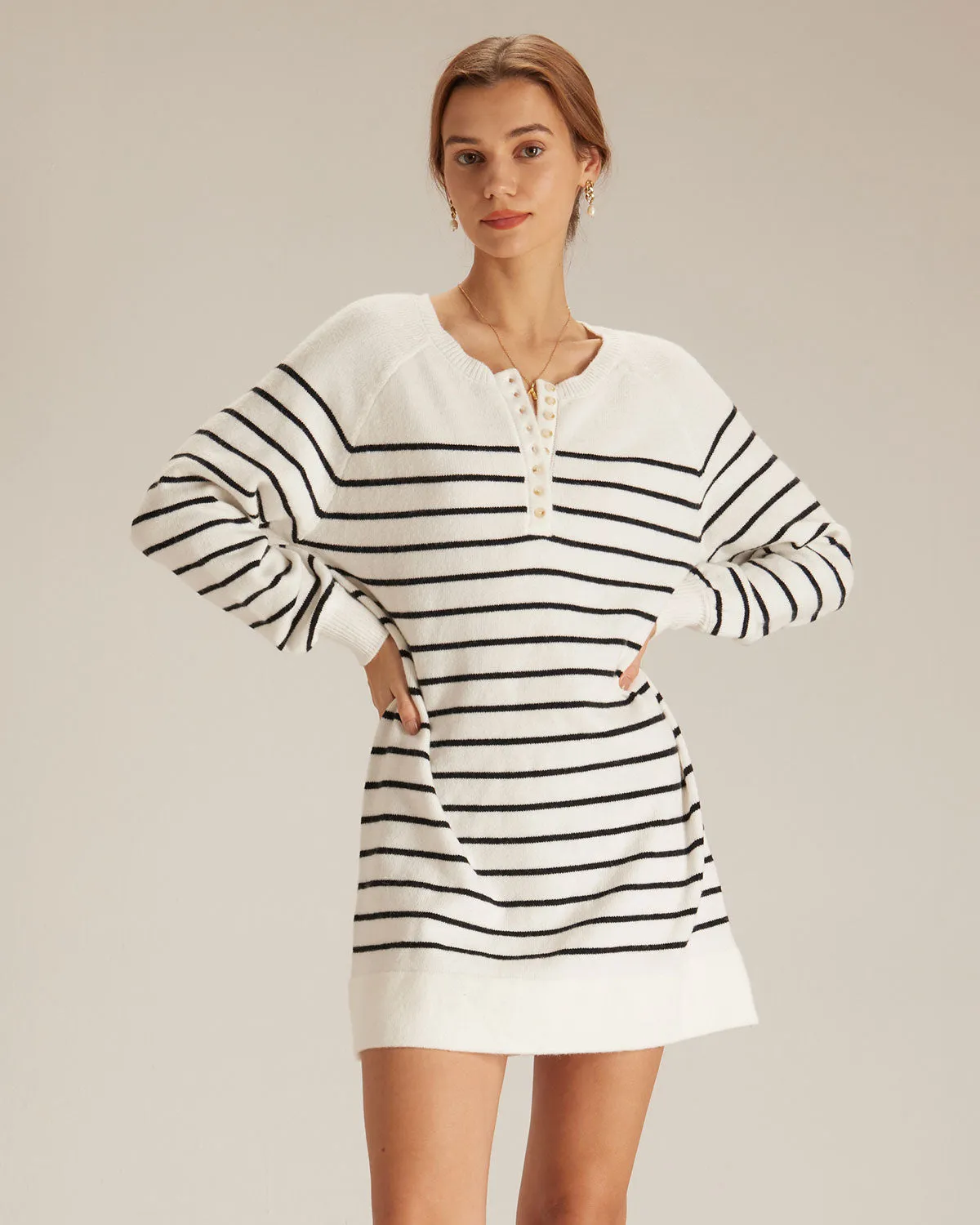 The White Round Neck Striped Knit Mini Dress sold by rihoas product image thumbnail 4