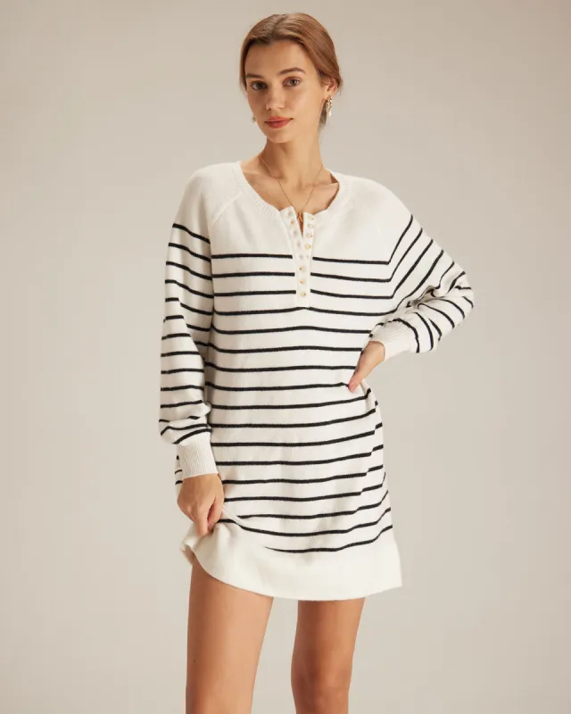 The White Round Neck Striped Knit Mini Dress sold by rihoas