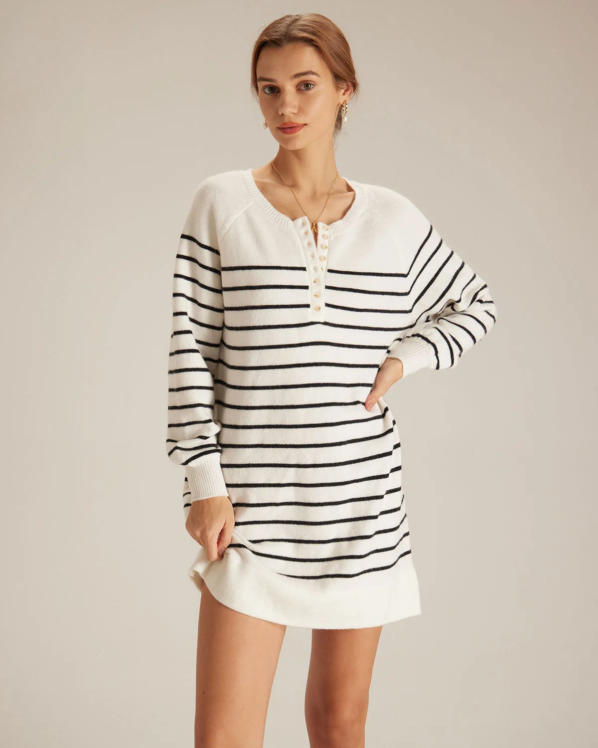The White Round Neck Striped Knit Mini Dress sold by rihoas